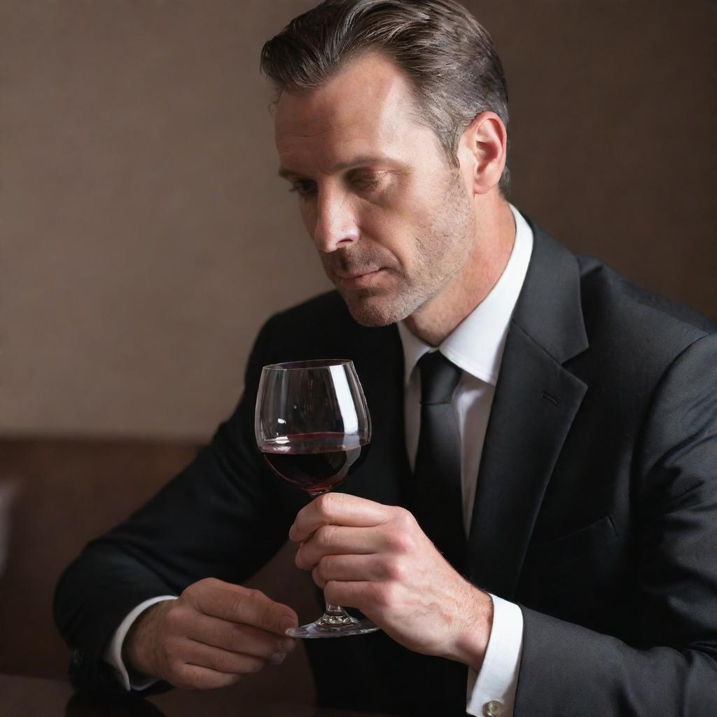 A sophisticated man elegantly sipping a glass of rich red wine, showcasing his enjoyment in the taste