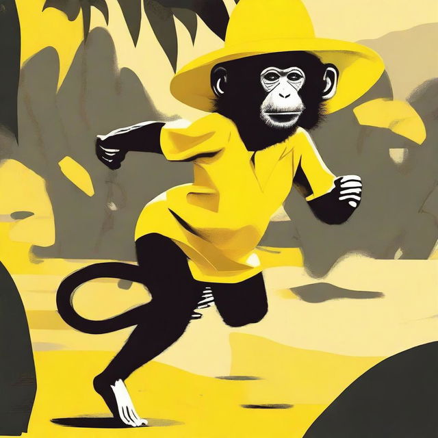 Create an image of a monkey running away with a large floppy yellow woman's hat