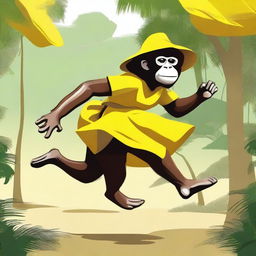 Create an image of a monkey running away with a large floppy yellow woman's hat