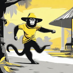 Create an image of a monkey running away with a large floppy yellow woman's hat