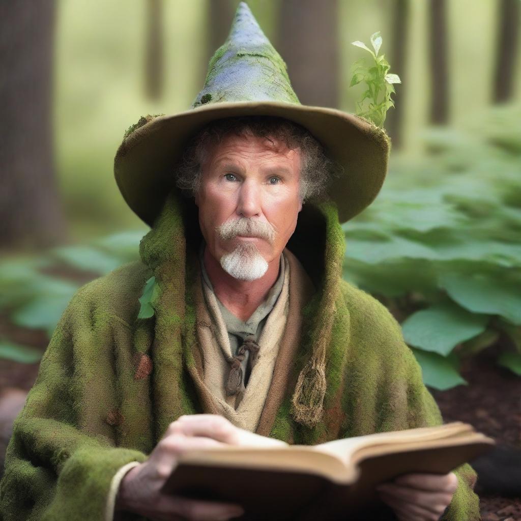 A raw photograph of Will Ferrell depicted as a hermit wizard with elf ears who studies plants