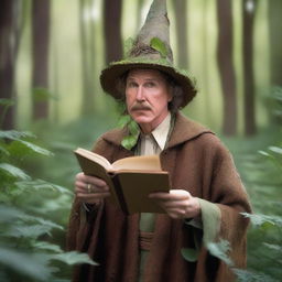 A raw photograph of Will Ferrell depicted as a hermit wizard with elf ears who studies plants