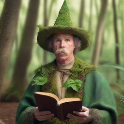 A raw photograph of Will Ferrell depicted as a hermit wizard with elf ears who studies plants