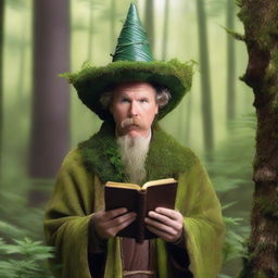 A raw photograph of Will Ferrell depicted as a hermit wizard with elf ears who studies plants