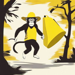 Create an image of a monkey running away carrying a large floppy yellow woman's hat