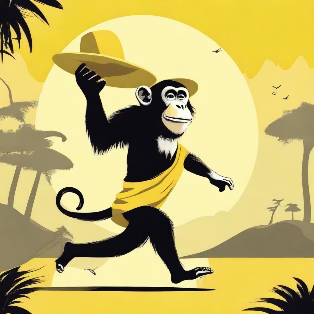 Create an image of a monkey running away carrying a large floppy yellow woman's hat