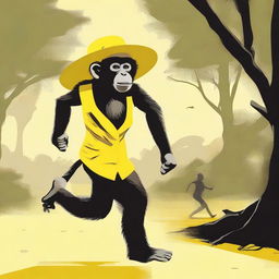 Create an image of a monkey running away carrying a large floppy yellow woman's hat