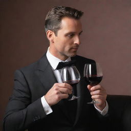 A sophisticated man elegantly sipping a glass of rich red wine, showcasing his enjoyment in the taste