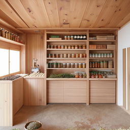 A 7m long, 2.5m wide herb and nut shop with a woody design. There's a peanut butter-making machine, wooden jars, and herbs stored in a closet divided into boxes.