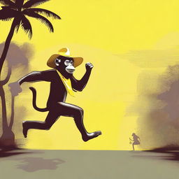 Create an image of a monkey running away carrying a large floppy yellow woman's hat