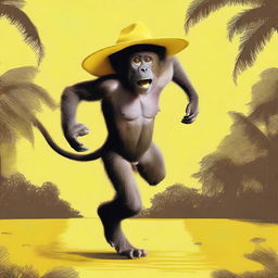 Create an image of a naked monkey running away carrying a large floppy yellow woman's hat