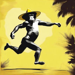 Create an image of a naked monkey running away carrying a large floppy yellow woman's hat