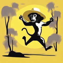 Create an image of a naked monkey running away carrying a large floppy yellow woman's hat