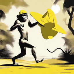 Create an image of a naked monkey running away carrying a large floppy yellow woman's hat