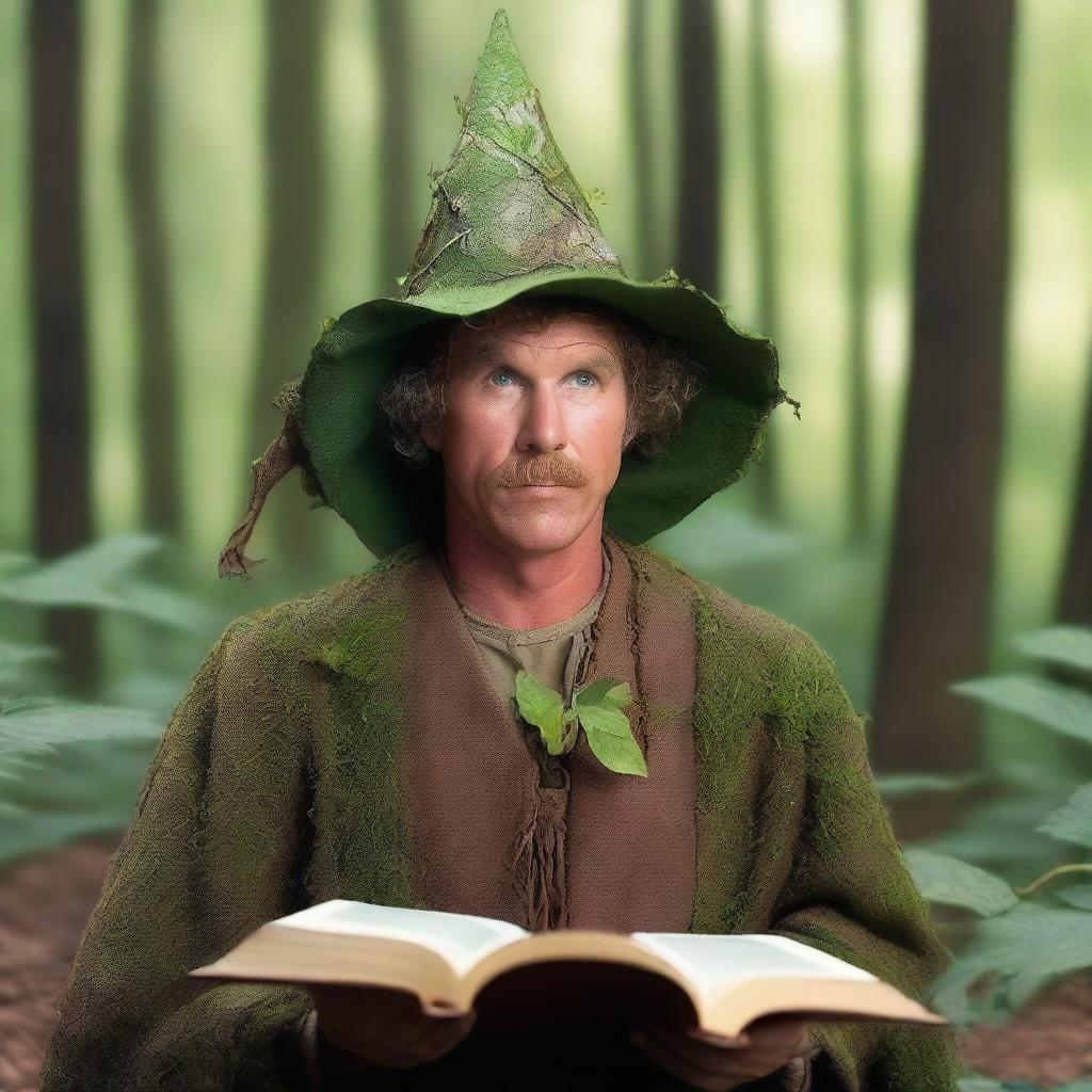 A raw photograph of Will Ferrell depicted as a hermit wizard with pointy elf ears who studies plants