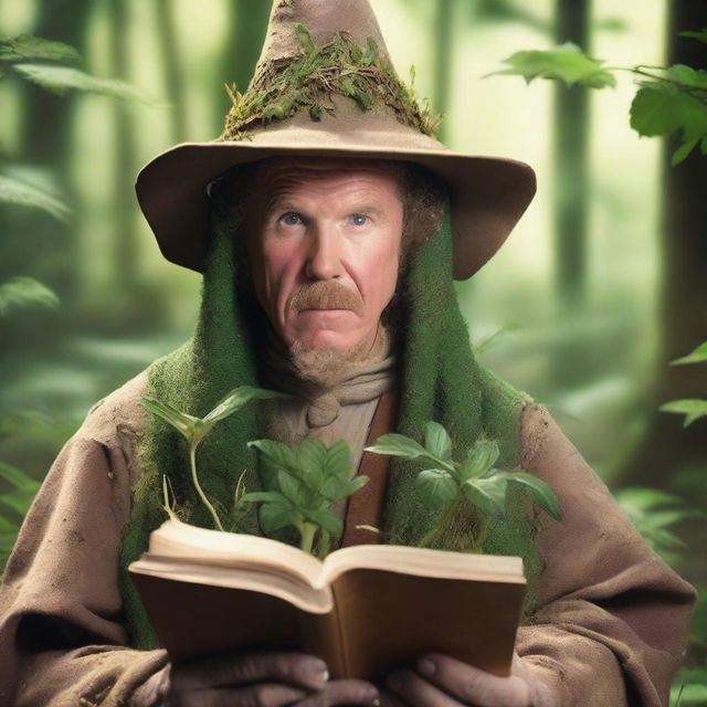 A raw photograph of Will Ferrell depicted as a hermit wizard with pointy elf ears who studies plants