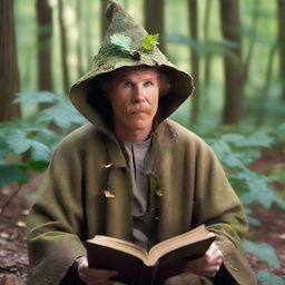 A raw photograph of Will Ferrell depicted as a hermit wizard with pointy elf ears who studies plants