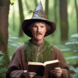 A raw photograph of Will Ferrell depicted as a hermit wizard with pointy elf ears who studies plants