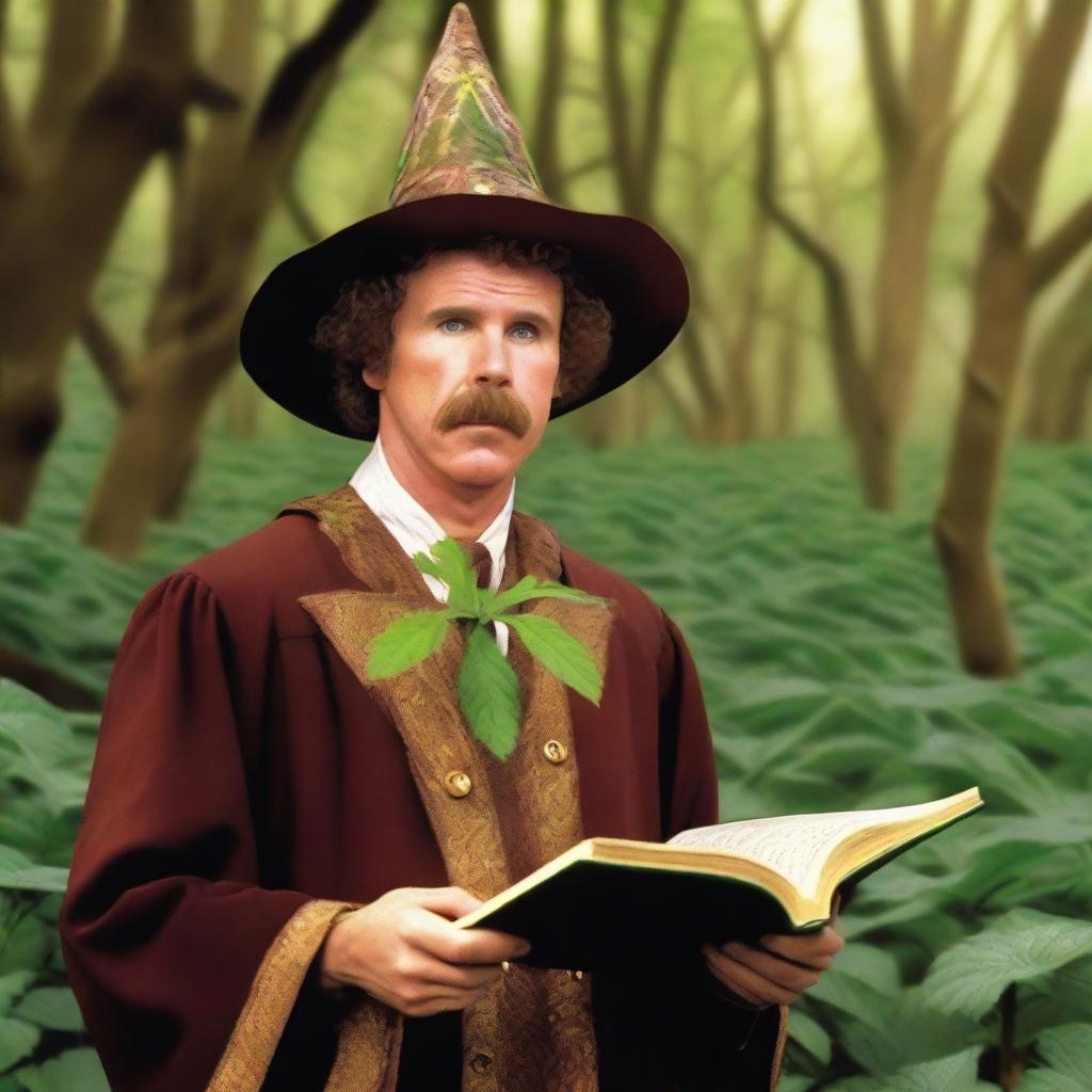 A raw photograph of Will Ferrell at the age he was in Anchorman, depicted as a hermit wizard with pointy elf ears who studies plants