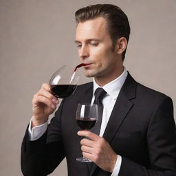 A sophisticated man elegantly sipping a glass of rich red wine, showcasing his enjoyment in the taste