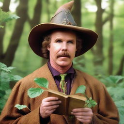 A raw photograph of Will Ferrell at the age he was in Anchorman, depicted as a hermit wizard with pointy elf ears who studies plants