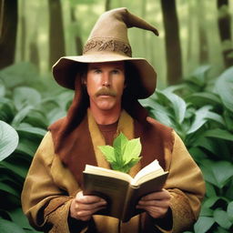 A raw photograph of Will Ferrell at the age he was in Anchorman, depicted as a hermit wizard with pointy elf ears who studies plants