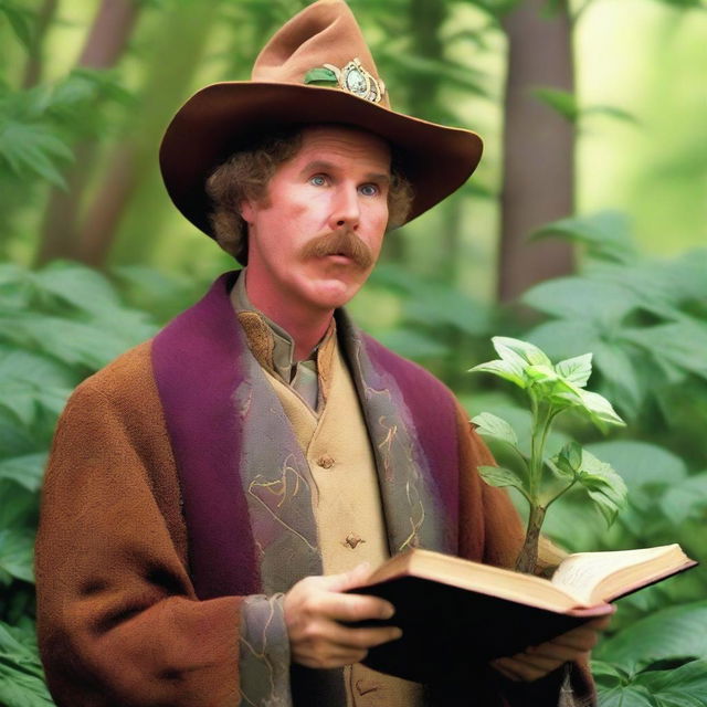 A raw photograph of Will Ferrell at the age he was in Anchorman, depicted as a hermit wizard with pointy elf ears who studies plants