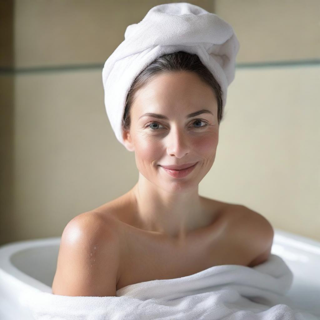 Create an image of a beautiful woman ready for a bath