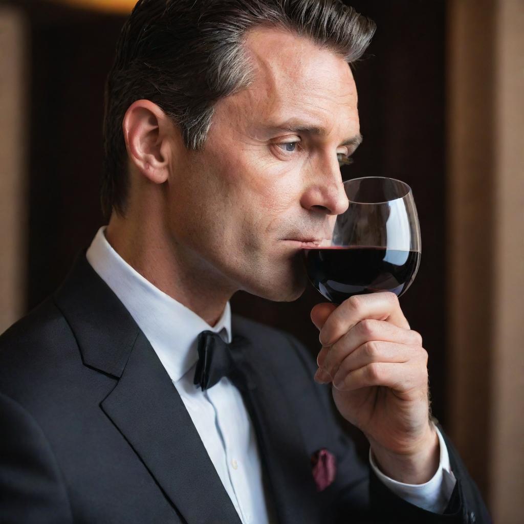 A sophisticated man elegantly sipping a glass of rich red wine, showcasing his enjoyment in the taste