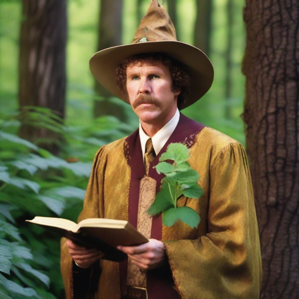 A raw photograph of Will Ferrell at the age he was in Anchorman, depicted as a wizard with big pointy elf ears who studies plants