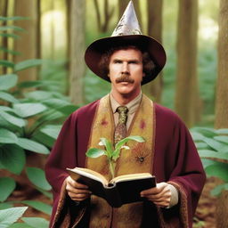 A raw photograph of Will Ferrell at the age he was in Anchorman, depicted as a wizard with big pointy elf ears who studies plants