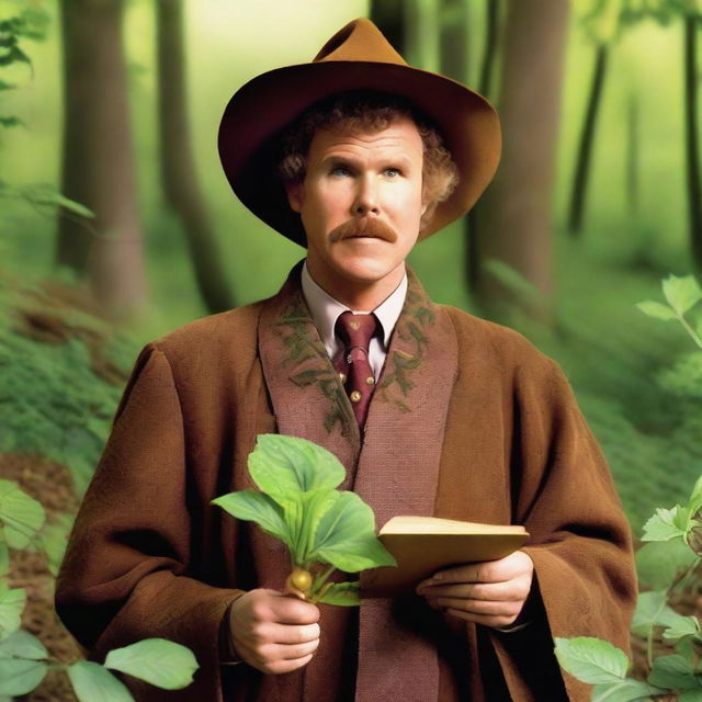 A raw photograph of Will Ferrell at the age he was in Anchorman, depicted as a wizard with big pointy elf ears who studies plants