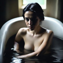 Create an image of a woman in a dark bath tub