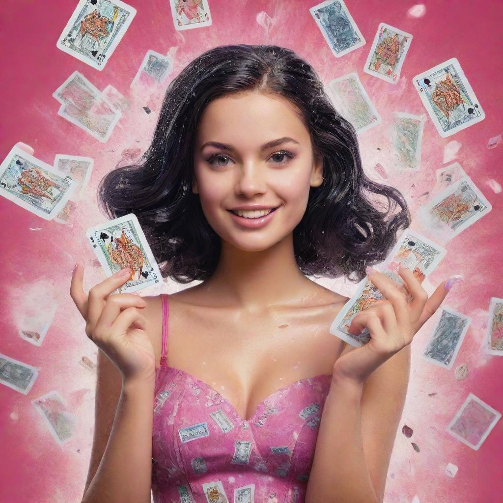 A vibrant illustration of a girl confidently holding playing cards marked with 'Barbie Gaming', surrounded by a sudden shower of swirling dollar bills.