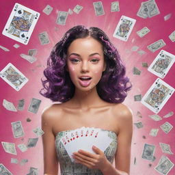 A vibrant illustration of a girl confidently holding playing cards marked with 'Barbie Gaming', surrounded by a sudden shower of swirling dollar bills.