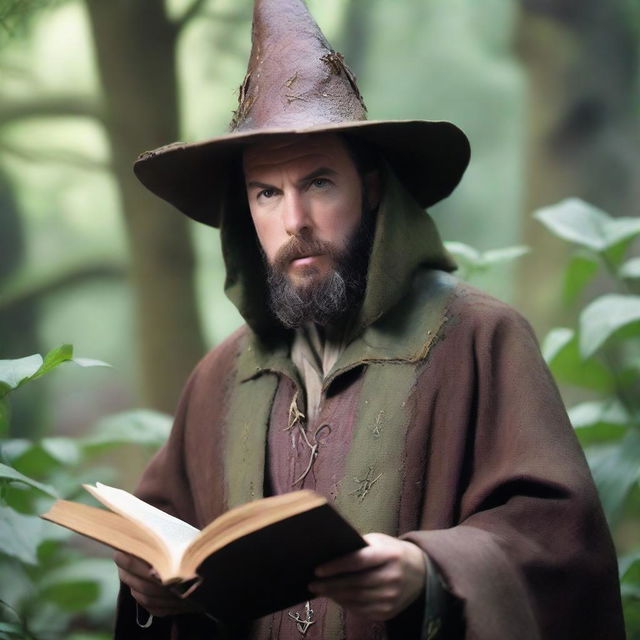 A raw photograph of Ben Affleck depicted as a wizard with big pointy elf ears who studies plants