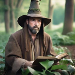 A raw photograph of Ben Affleck depicted as a wizard with big pointy elf ears who studies plants