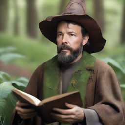 A raw photograph of Ben Affleck depicted as a wizard with big pointy elf ears who studies plants