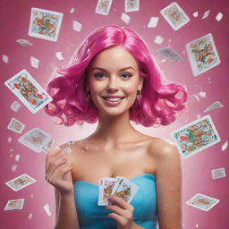 A vibrant illustration of a girl confidently holding playing cards marked with 'Barbie Gaming', surrounded by a sudden shower of swirling dollar bills.