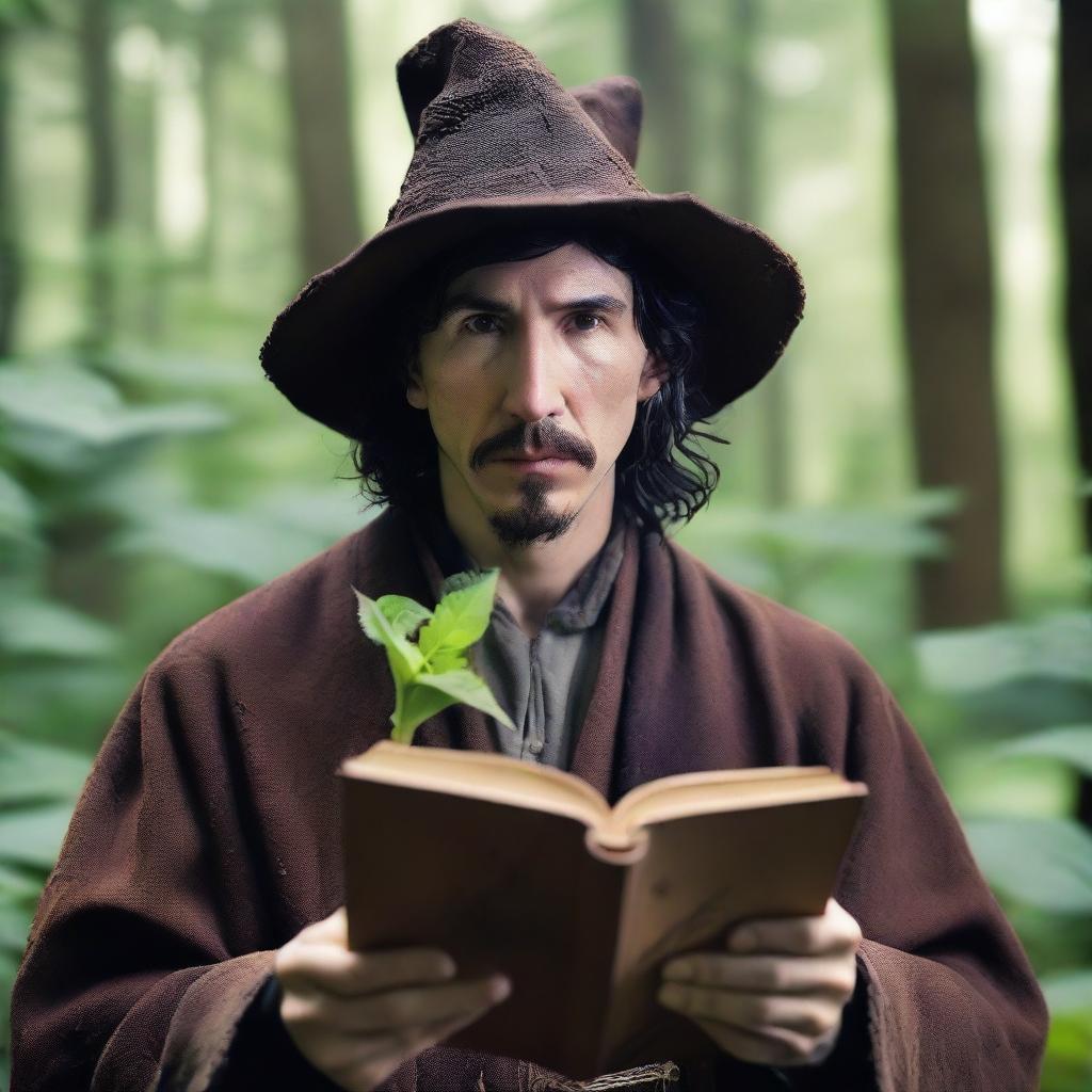 A raw photograph of Adam Driver depicted as a wizard with big pointy elf ears who studies plants