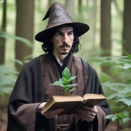 A raw photograph of Adam Driver depicted as a wizard with big pointy elf ears who studies plants