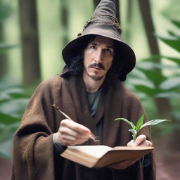 A raw photograph of Adam Driver depicted as a wizard with big pointy elf ears who studies plants