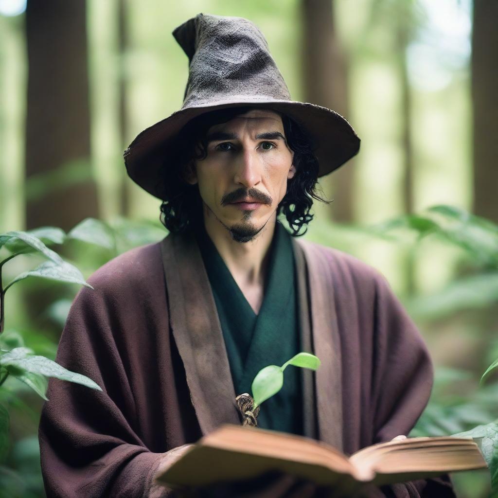 A raw photograph of Adam Driver depicted as a wizard with big pointy elf ears who studies plants