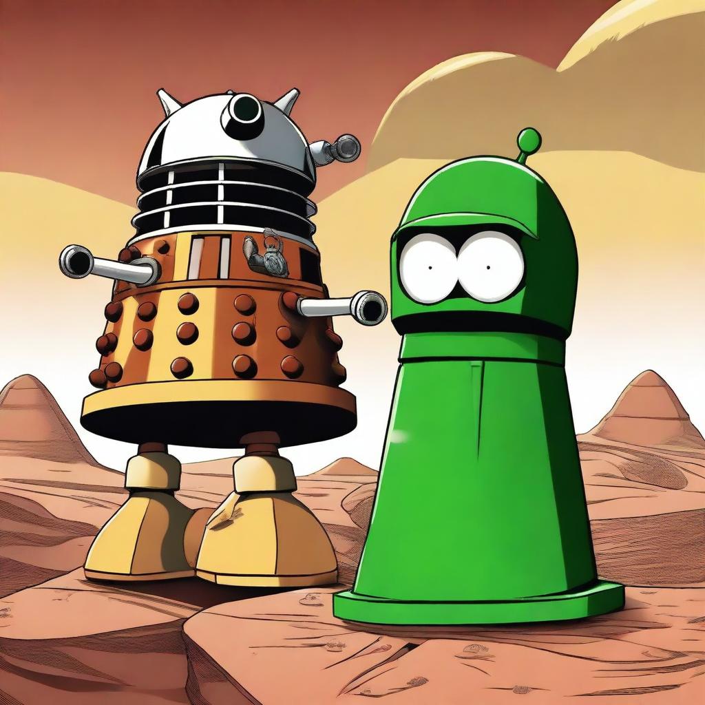 Create an image of a Dalek facing off against Marvin the Martian