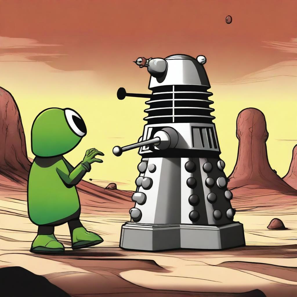 Create an image of a Dalek facing off against Marvin the Martian