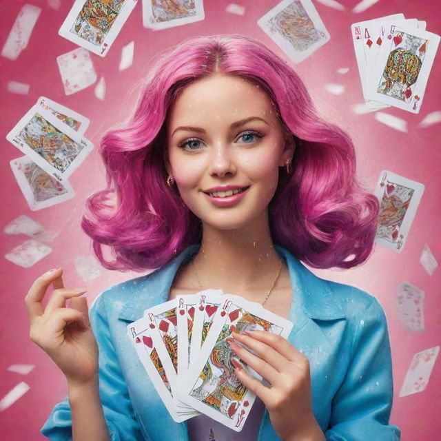 A vibrant illustration of a girl confidently holding playing cards marked with 'Barbie Gaming', surrounded by a sudden shower of swirling dollar bills.