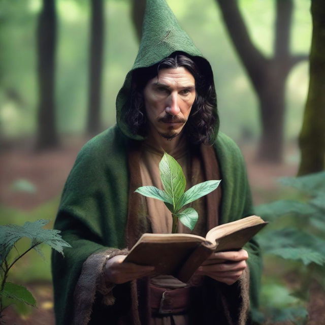 A raw photograph of Adam Driver depicted as an elf wizard with big pointy elf ears who studies plants