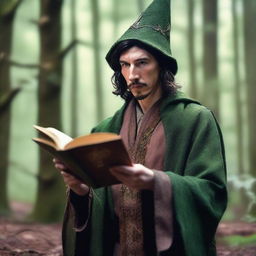 A raw photograph of Adam Driver depicted as an elf wizard with big pointy elf ears who studies plants