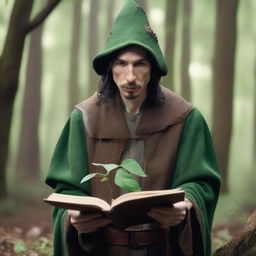 A raw photograph of Adam Driver depicted as an elf wizard with big pointy elf ears who studies plants