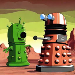 Create an image of a Dalek facing off against Marvin the Martian